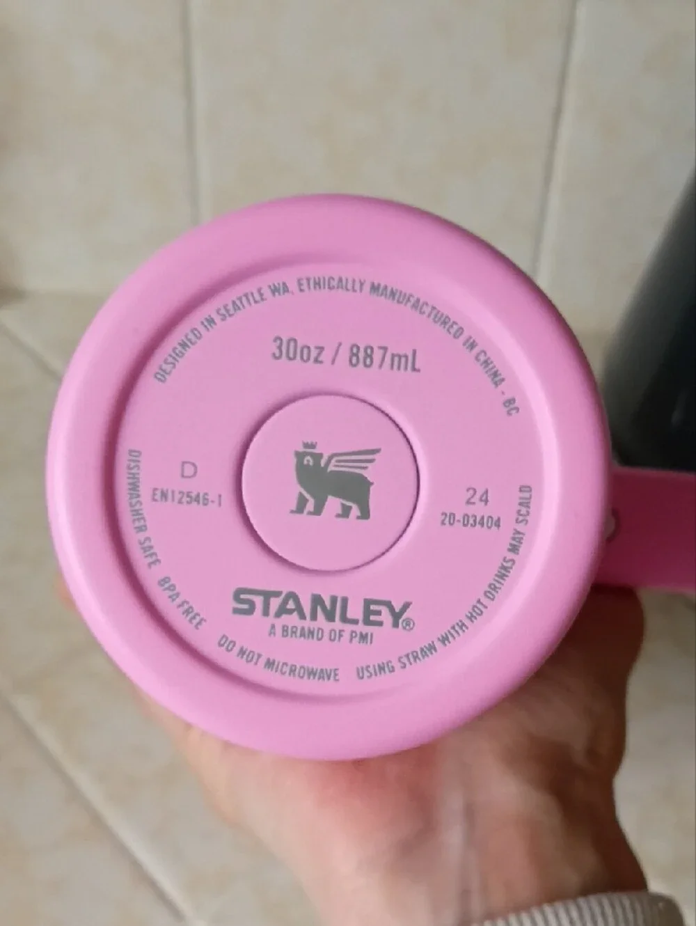 Stanley Pink Travel Mug with Red Logo and Heart Pattern Accent - Picture 4 of 6